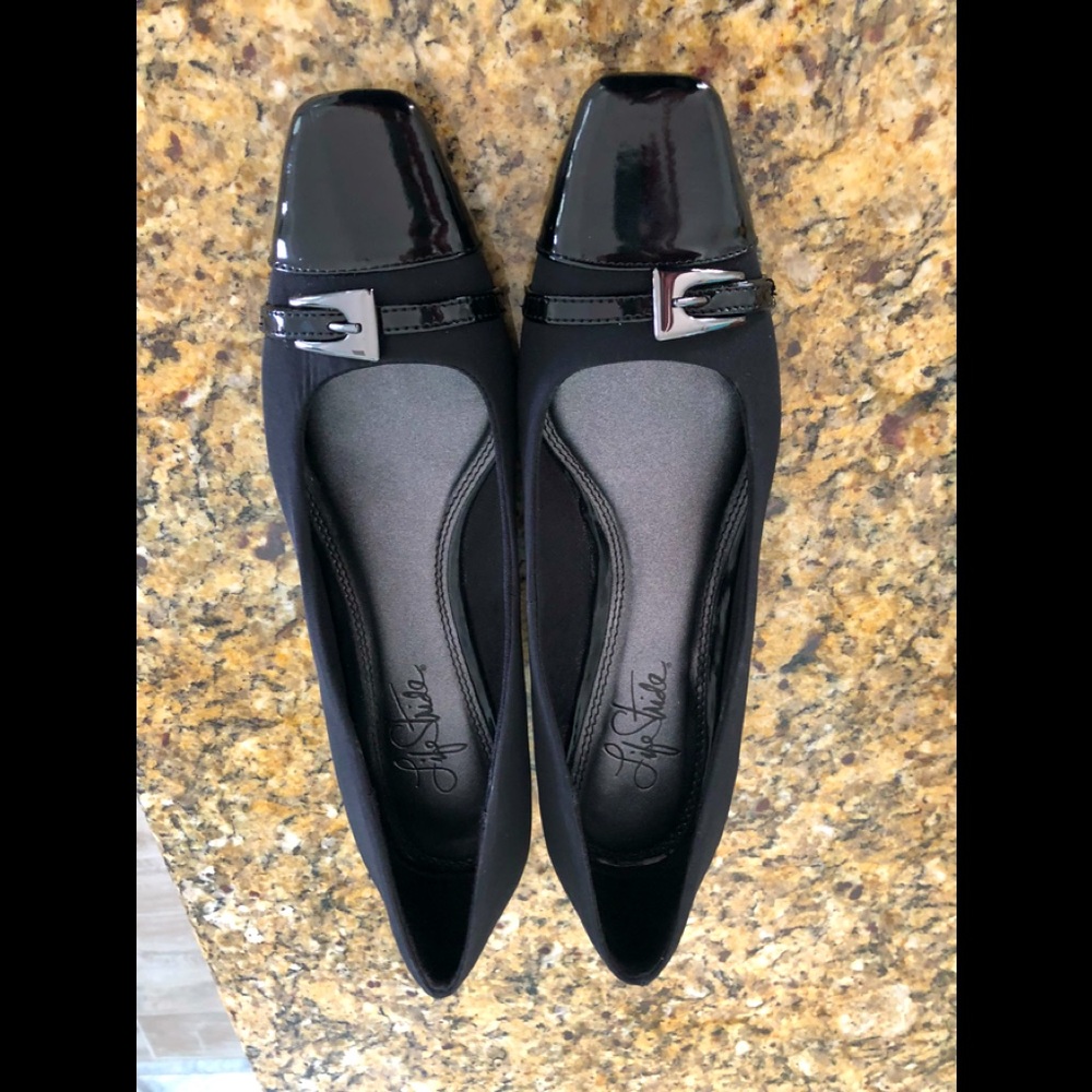 Black patent toe and heel satin type fabric with 2” heel